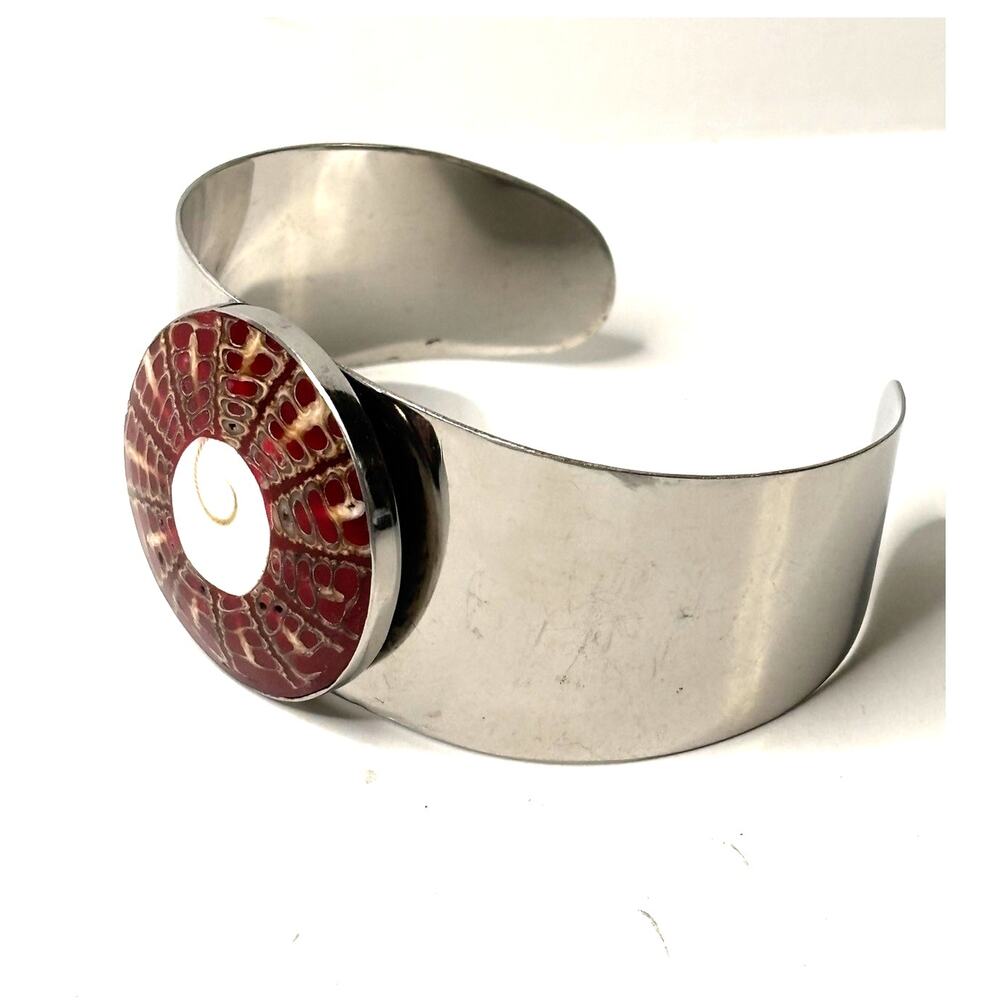 Stainless Steel Cuff Bracelet with Round Red and White Shell Inlay Artsy Boho